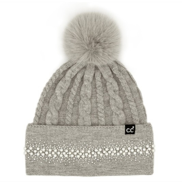 Gray Knit Pearl Rhinestone Pom Beanie NWT (#0066) - Picture 1 of 1